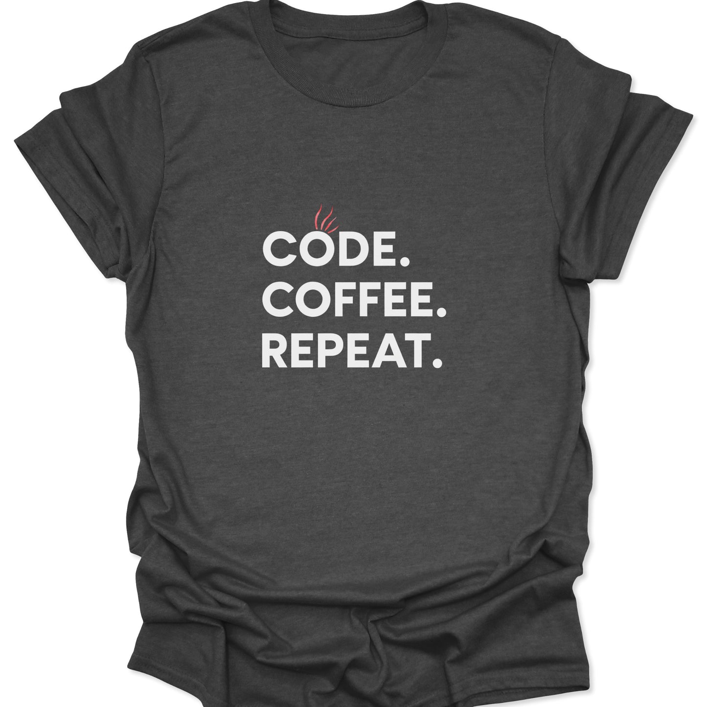 "Code Coffee Repeat" graphic in white and red centered on a textured dark gray tee.