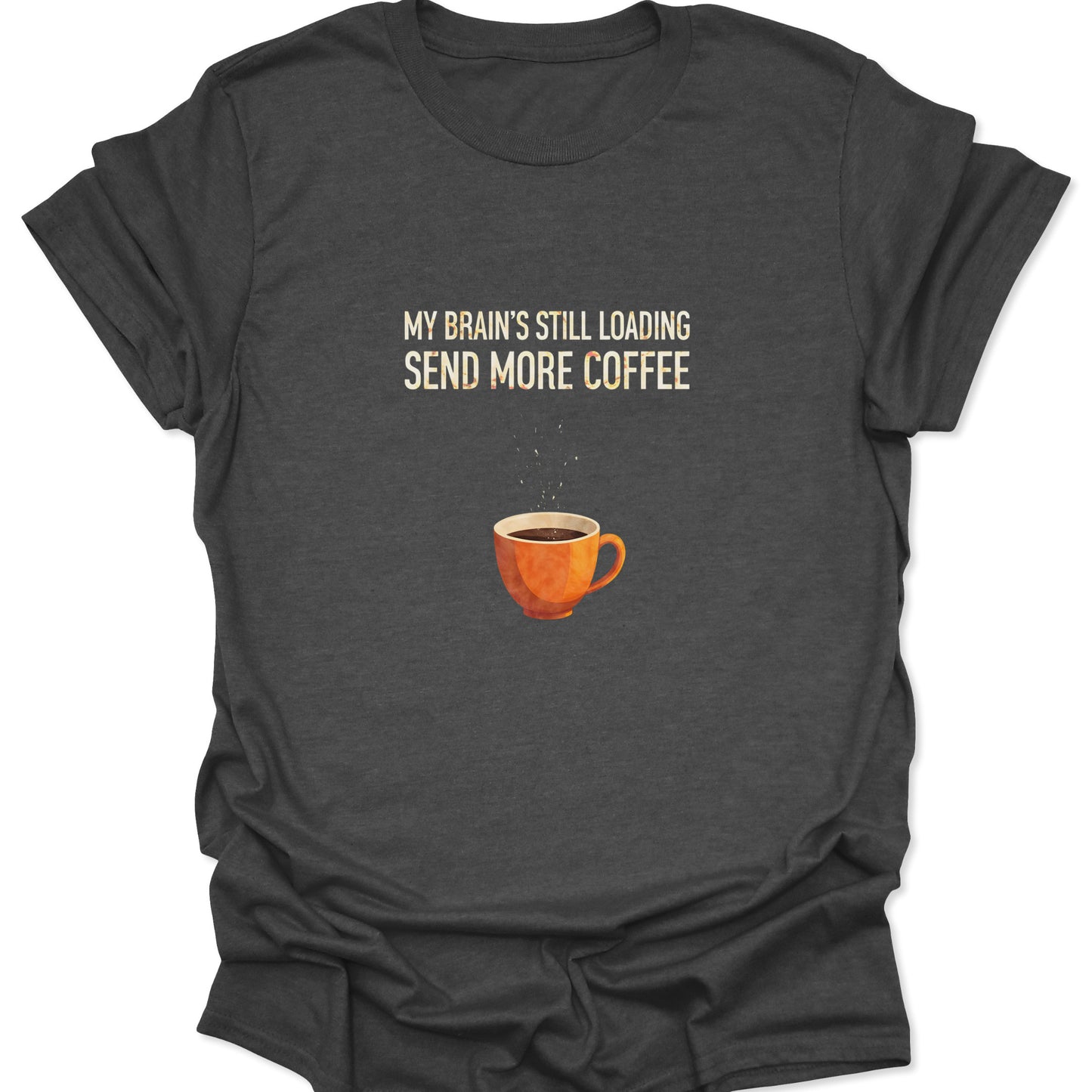 Heather gray graphic tee with sarcastic coffee slogan and detailed orange mug illustration for morning zombies.