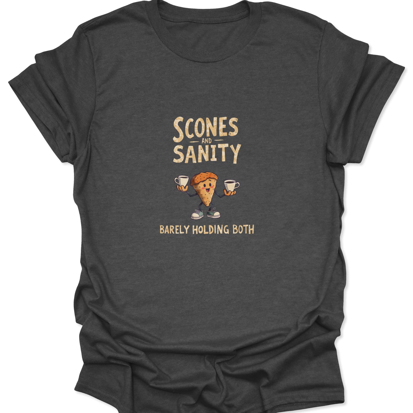 Dark Heather Gray tee showing a stressed scone character double fisting coffee mugs with funny bakery pun.