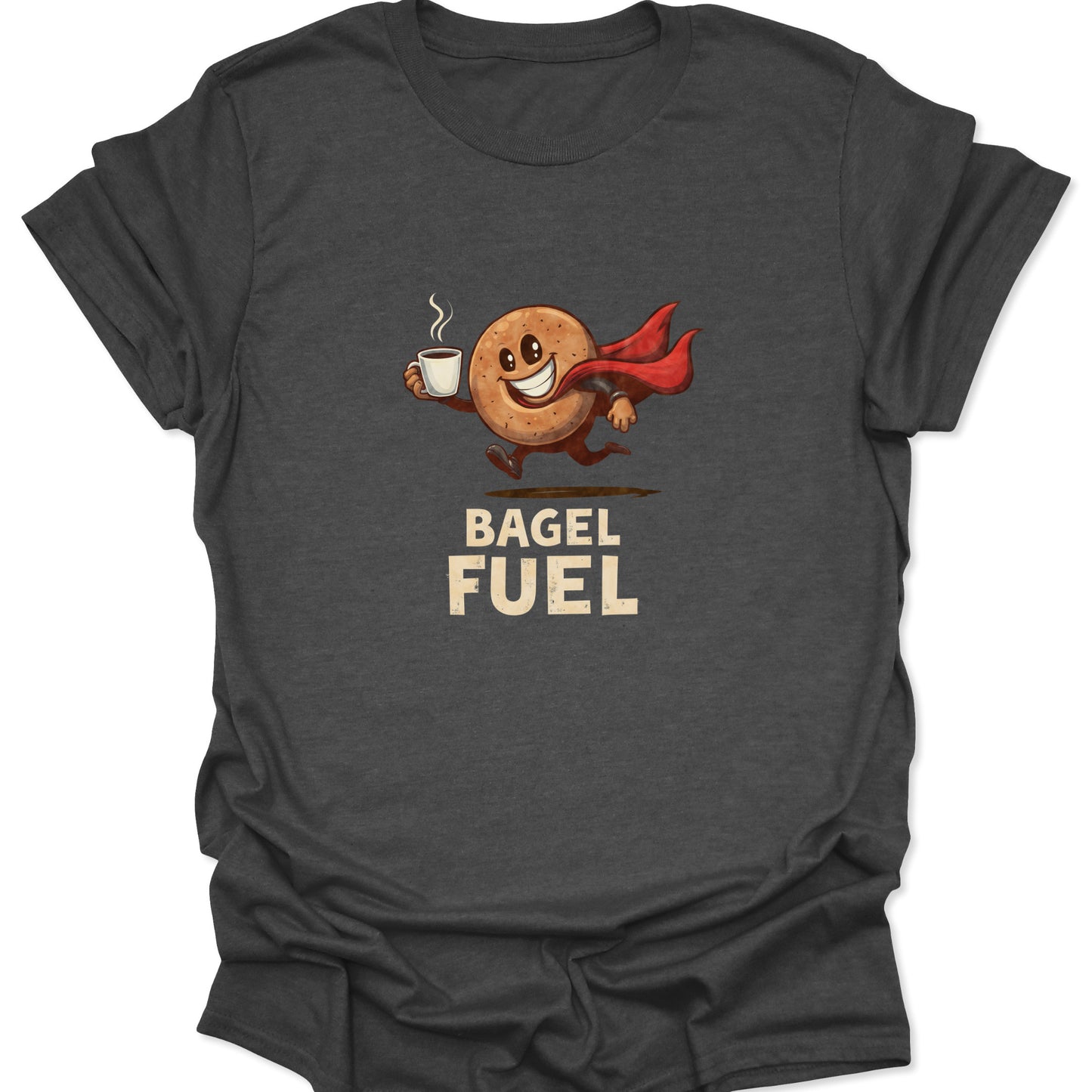 Dark heather gray t-shirt with a humorous, vintage-style cartoon graphic of a sprinting bagel character fueled by coffee, suitable for breakfast lovers.