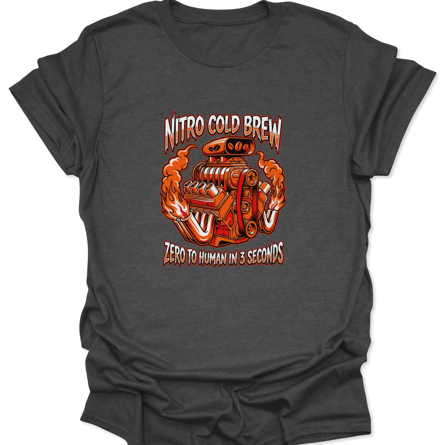 A dark heather gray t-shirt featuring an orange and chrome V8 engine graphic with coffee bean details and "Nitro Cold Brew" text.