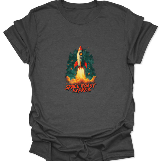 Dark gray shirt with a colorful, detailed graphic of a classic rocket ship blasting off, suitable for sci-fi and caffeine culture apparel.