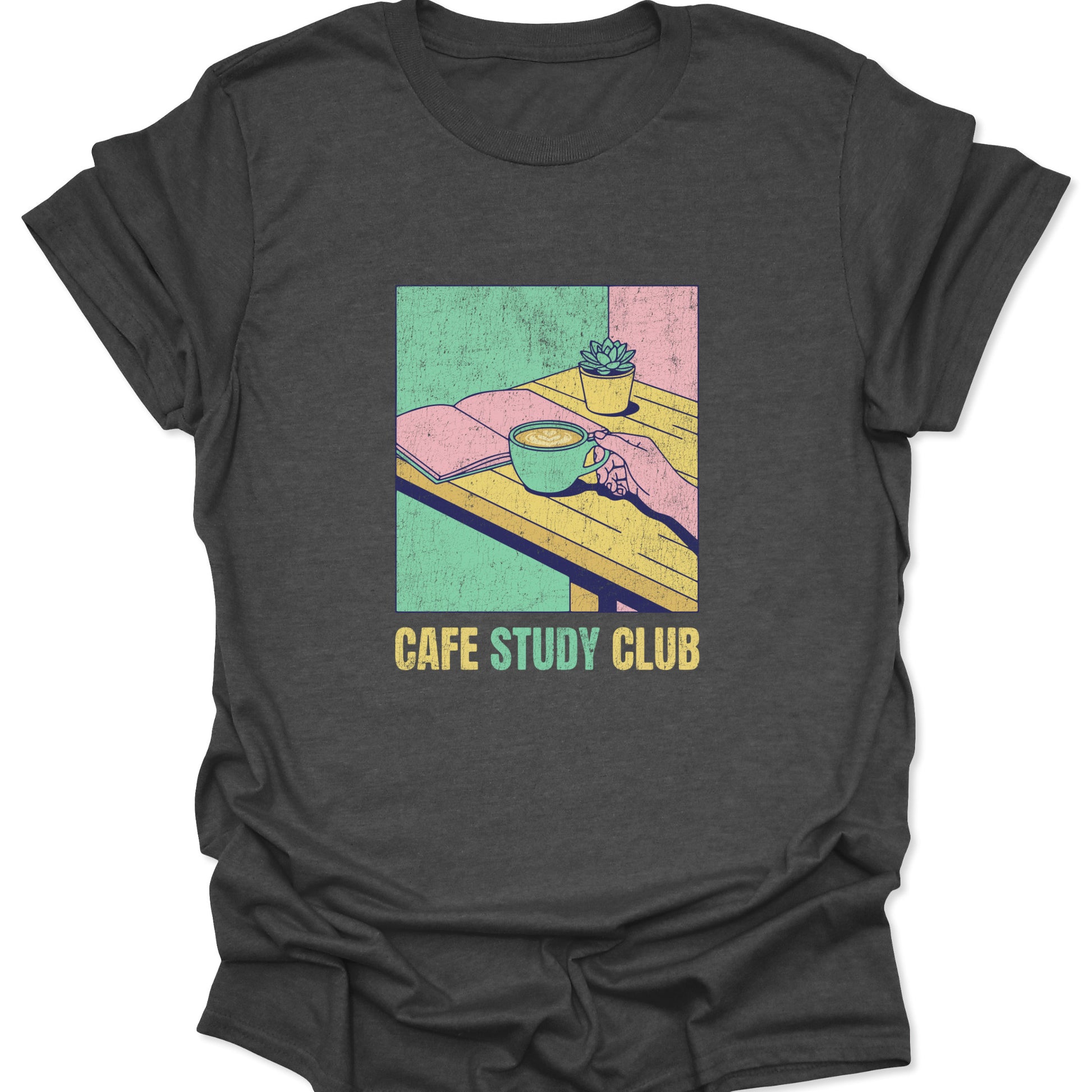Textured lofi aesthetic design on a dark heather gray t-shirt depicting a study session with a latte and a plant in a distressed 90s art style.