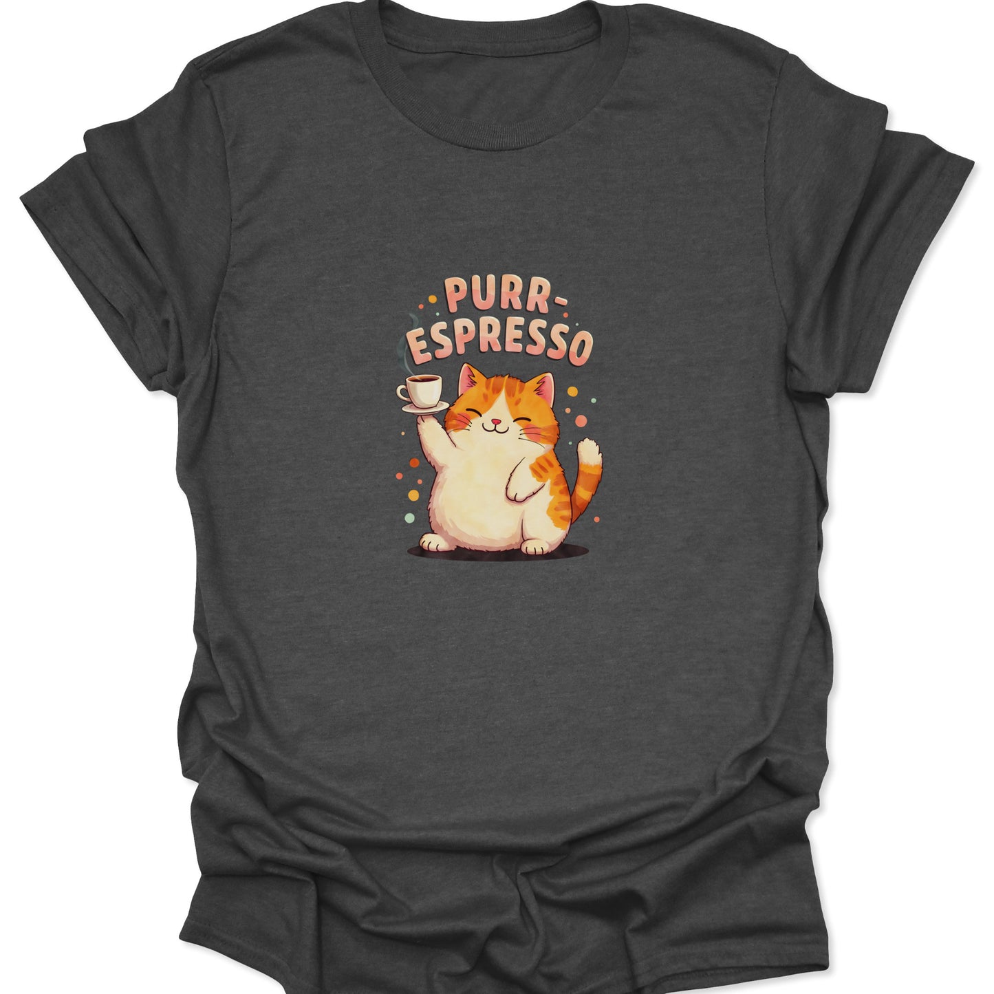 Feline-themed graphic tee for coffee addicts, showing a purring cat with an espresso shot and colorful confetti on a dark gray shirt.
