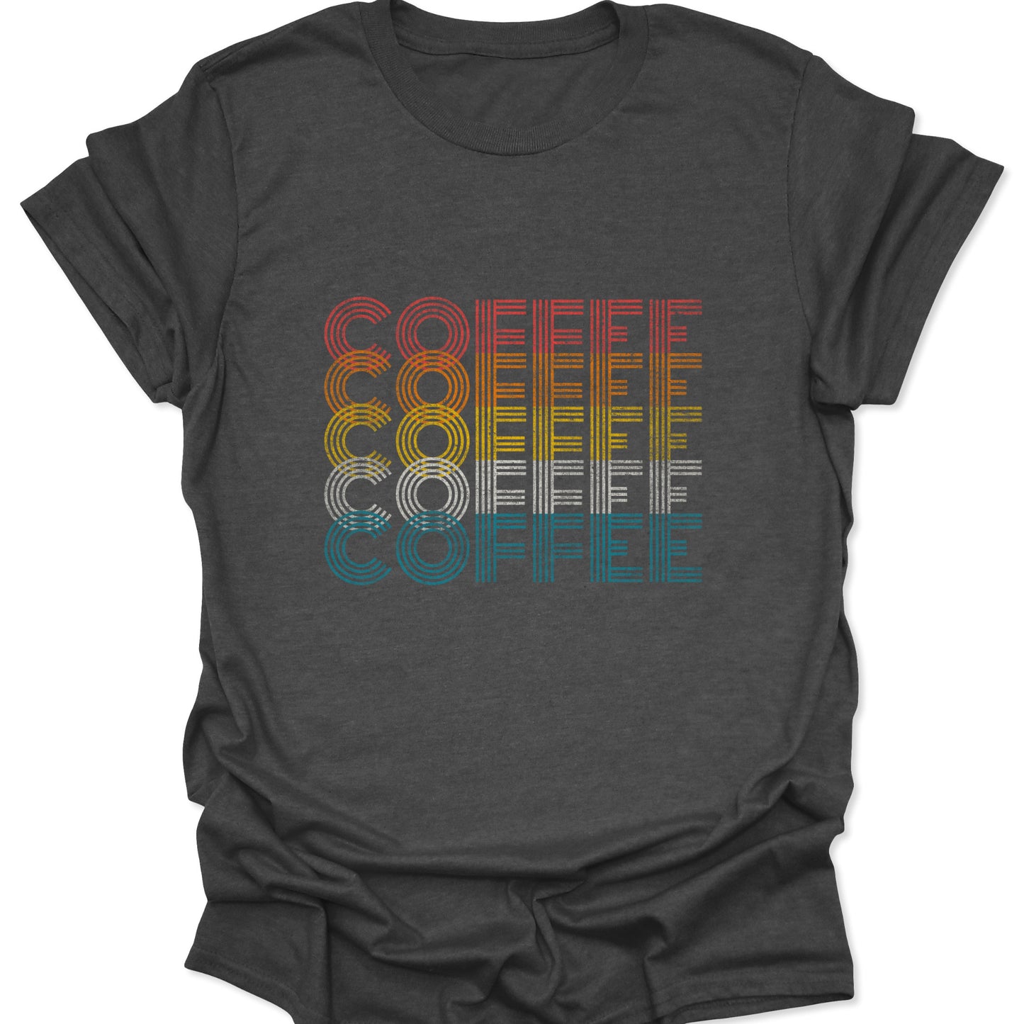 Dark Heather t-shirt featuring stacked "COFFEE" text in retro linear red, orange, yellow, white, and teal stripes.