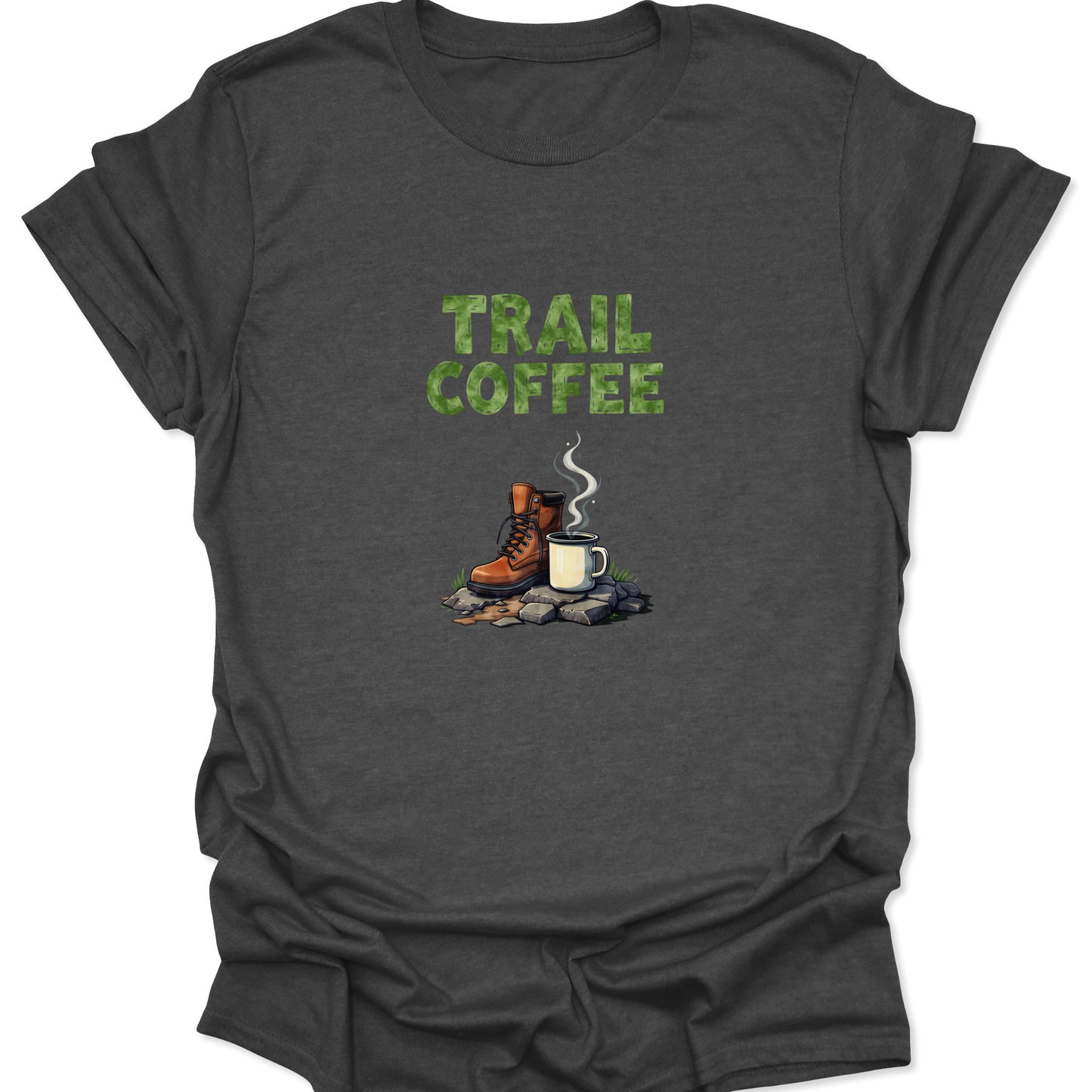 Charcoal-gray shirt displaying the vintage-style TRAIL COFFEE lettering and a nature-themed image of a steaming cup of coffee next to a worn hiking boot.