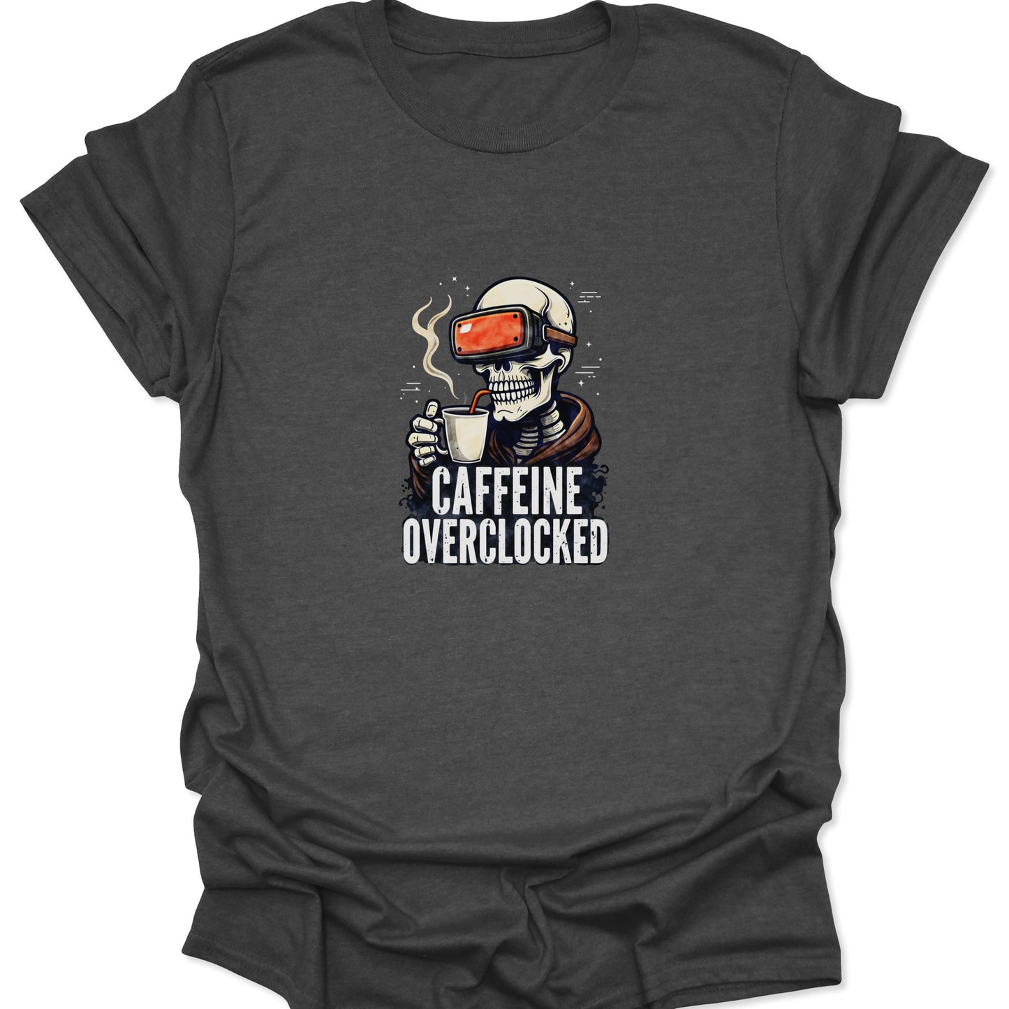 Dark Heather Gray t-shirt with a vintage style skeleton gamer design, the textured fabric adding a retro feel to the "Caffeine Overclocked" print.