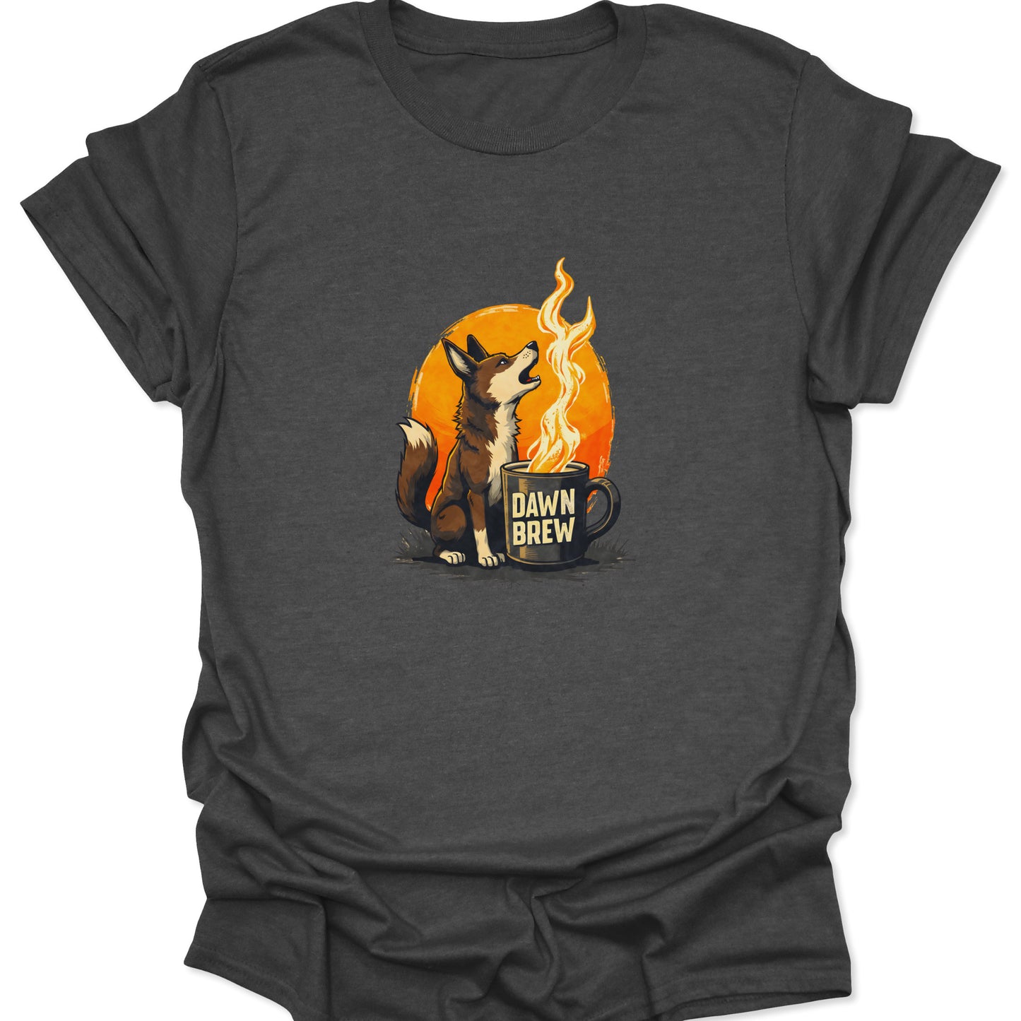 Heather gray shirt with the Dawn Brew graphic, showing a desperate creature and a fiery mug, evoking a dramatic, wilderness-meets-caffeine aesthetic.