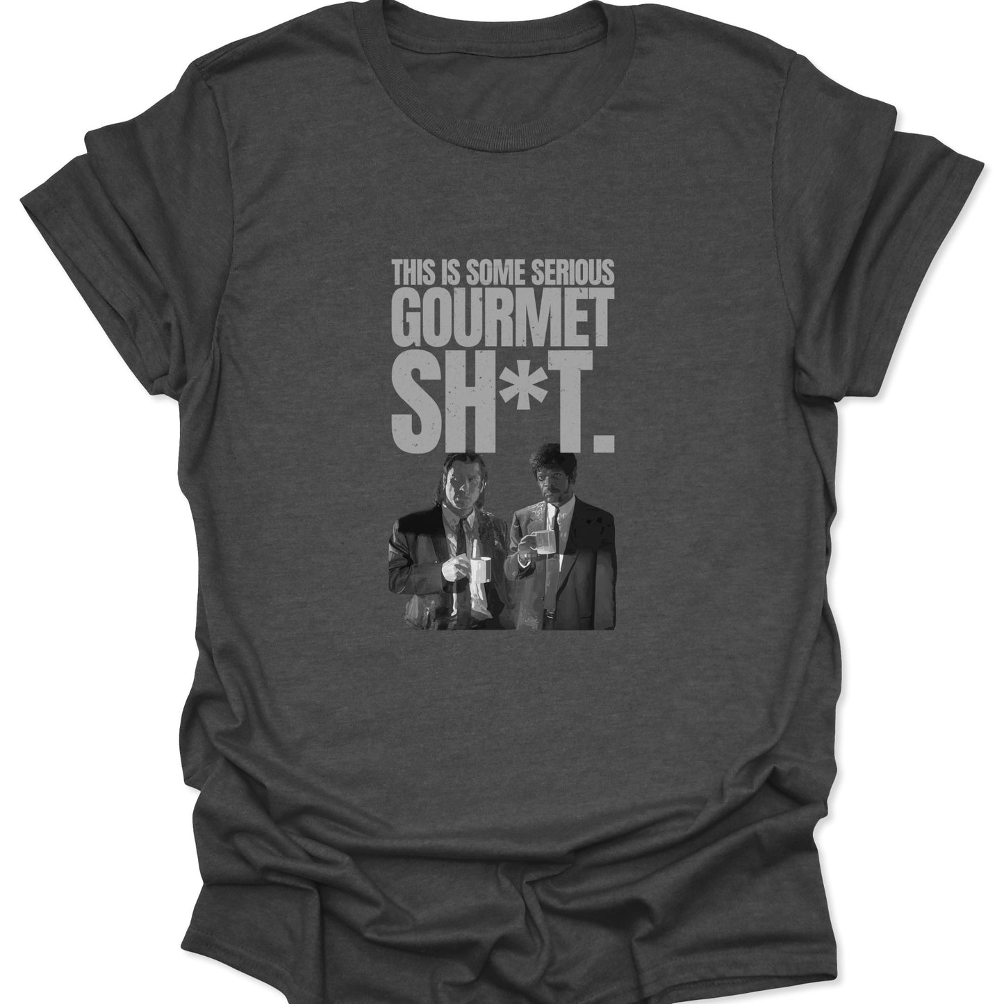 A dark heather gray shirt displaying a weathered grayscale print of a classic movie scene focused on coffee.