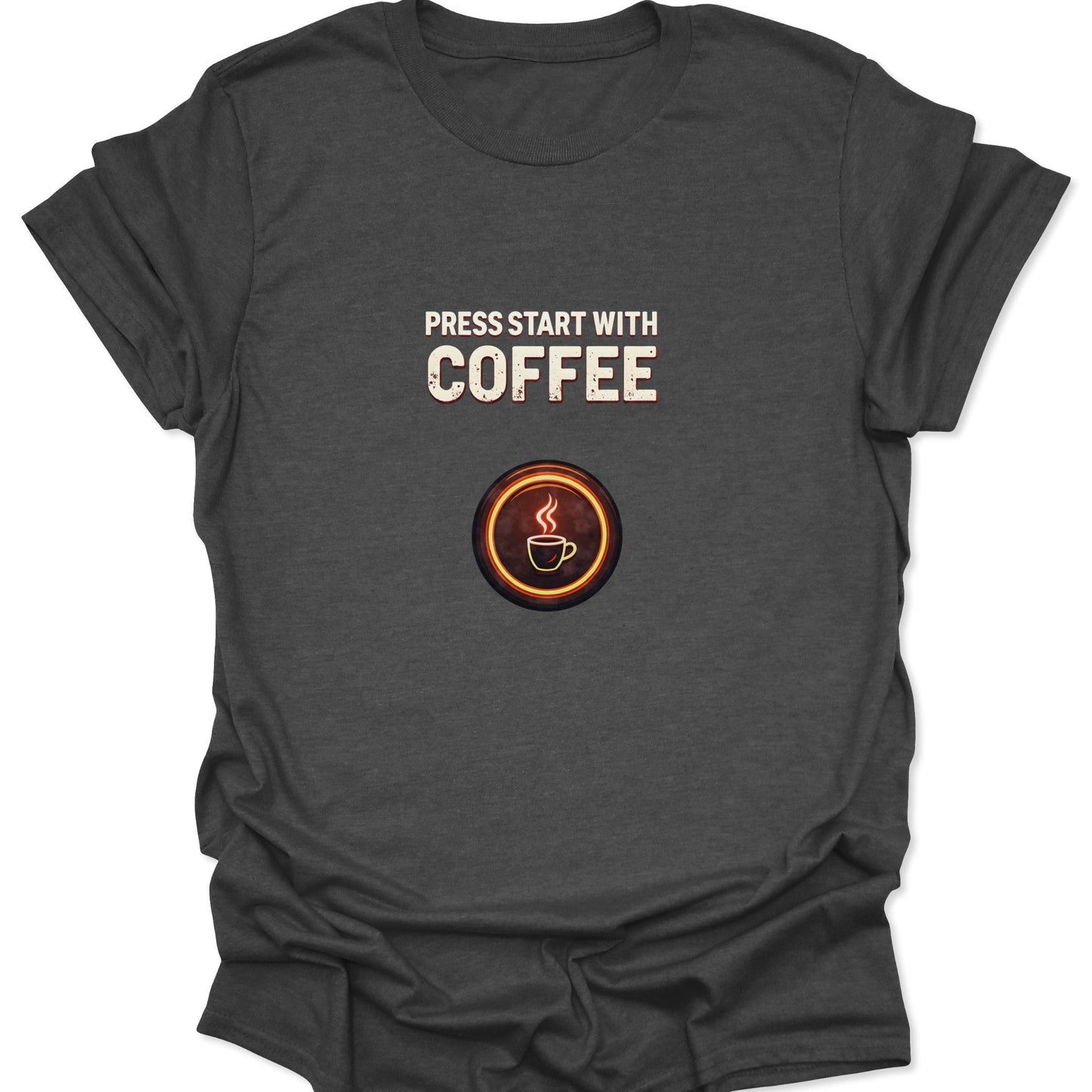 Dark Heather Gray, minimalist modern fit t-shirt featuring a console gaming reference "Press Start With Coffee" and a stylized steam icon.