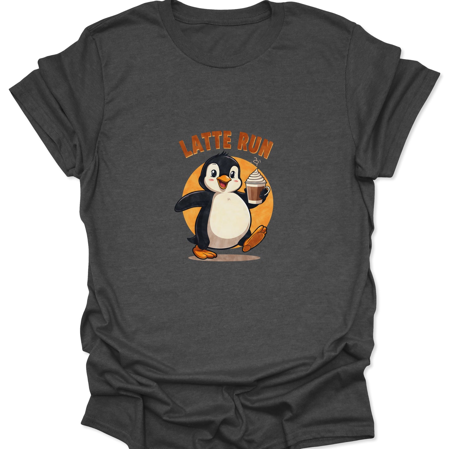 Dark gray shirt with a vintage illustration of a coffee-obsessed penguin mid-stride, showcasing the "Latte Run" urgency.