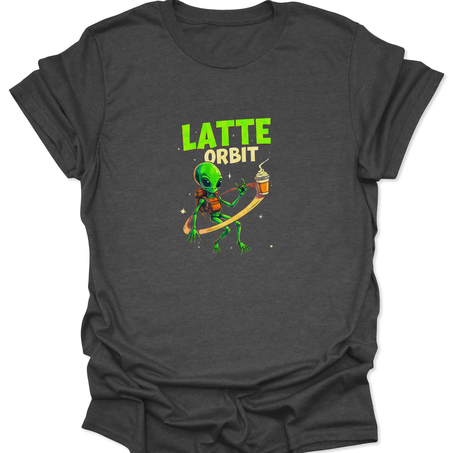 Dark Heather Gray: Close-up of a surreal sci-fi comedy design: a green alien makes his latte the center of his orbit. Funny coffee and UFO themed T-shirt.