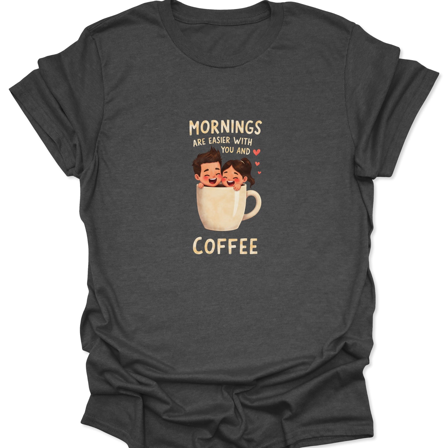 Heather gray shirt showcasing a smiling man and woman inside a giant coffee cup graphic. Relatable morning hook and coffee lover's graphic tee.