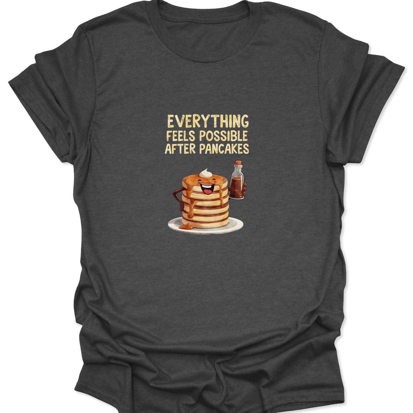 Dark Heather Gray tee showing a happy stack of pancakes and vintage style typography.