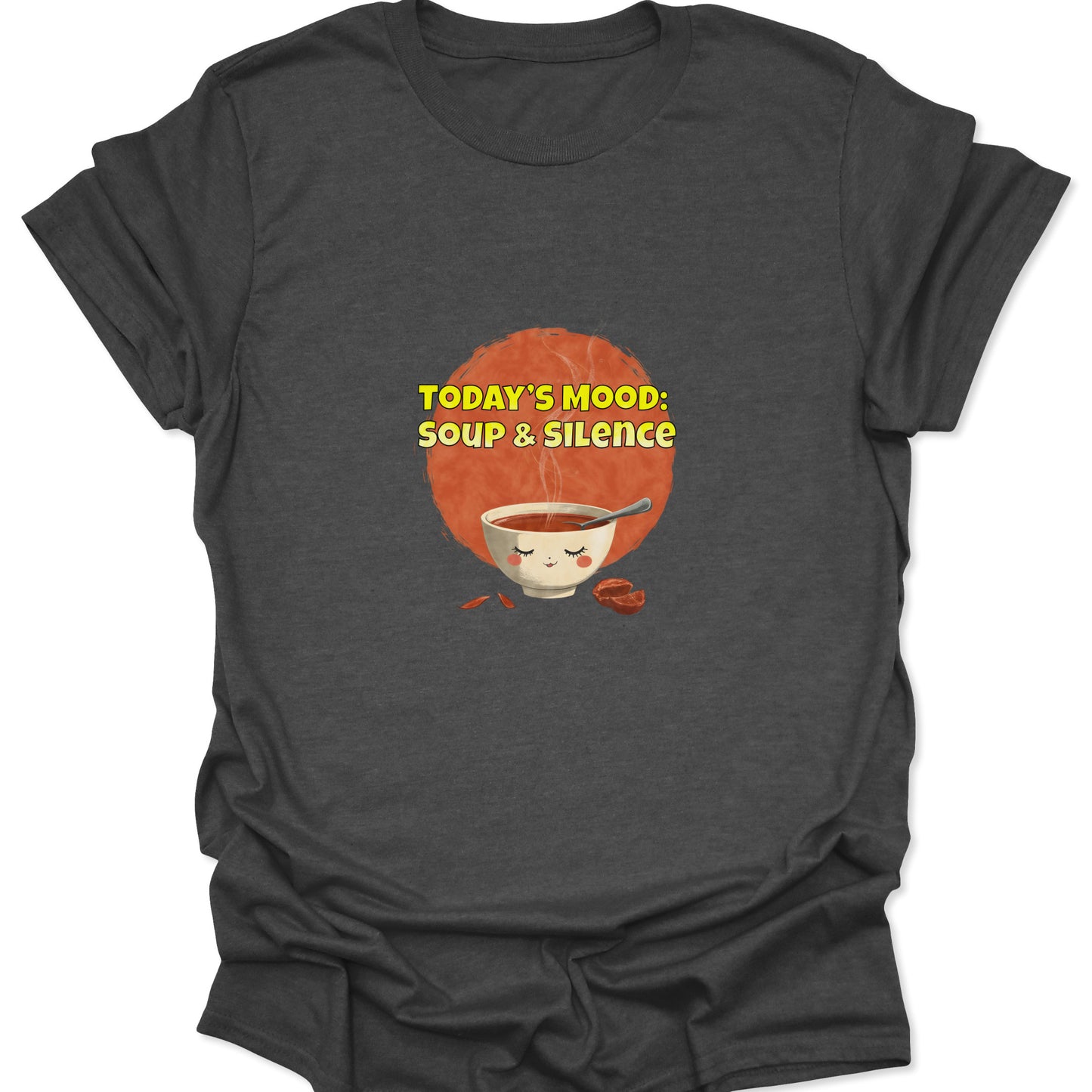 Dark Heather Gray tee showing a happy soup bowl cartoon against an orange circle with introvert humor text.
