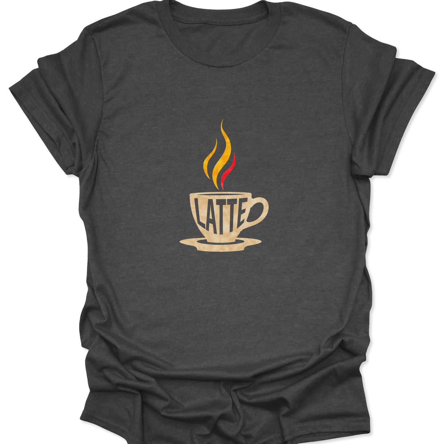 Dark gray shirt with a striking, high-contrast white illustration of a flame-steaming LATTE cup for the coffee and retro apparel niche.