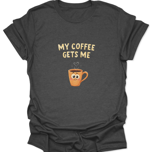 Dark Heather Gray t-shirt showing a cute emotional support beverage graphic with vintage typography.