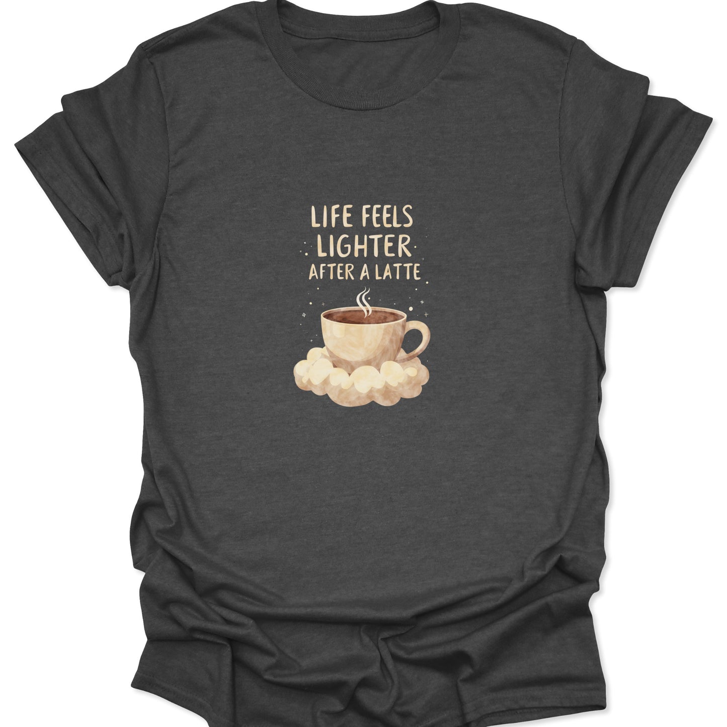 Dark Heather Gray t-shirt with a cozy graphic of a steaming coffee cup resting on fluffy clouds with celestial sparkles.