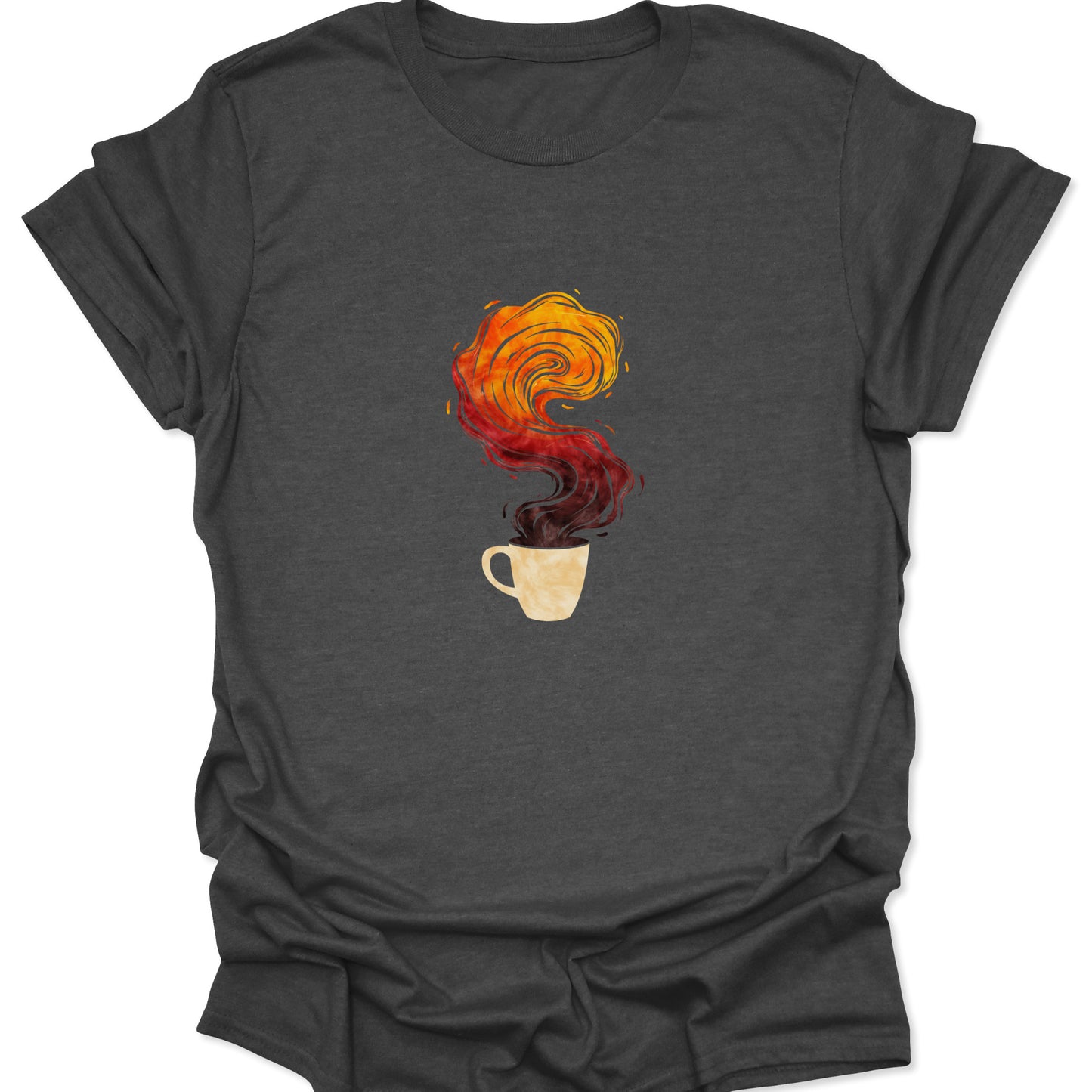 Dramatic dark heather gray t-shirt featuring a beige coffee mug releasing a highly-detailed, swirling core of red and yellow fire-steam.