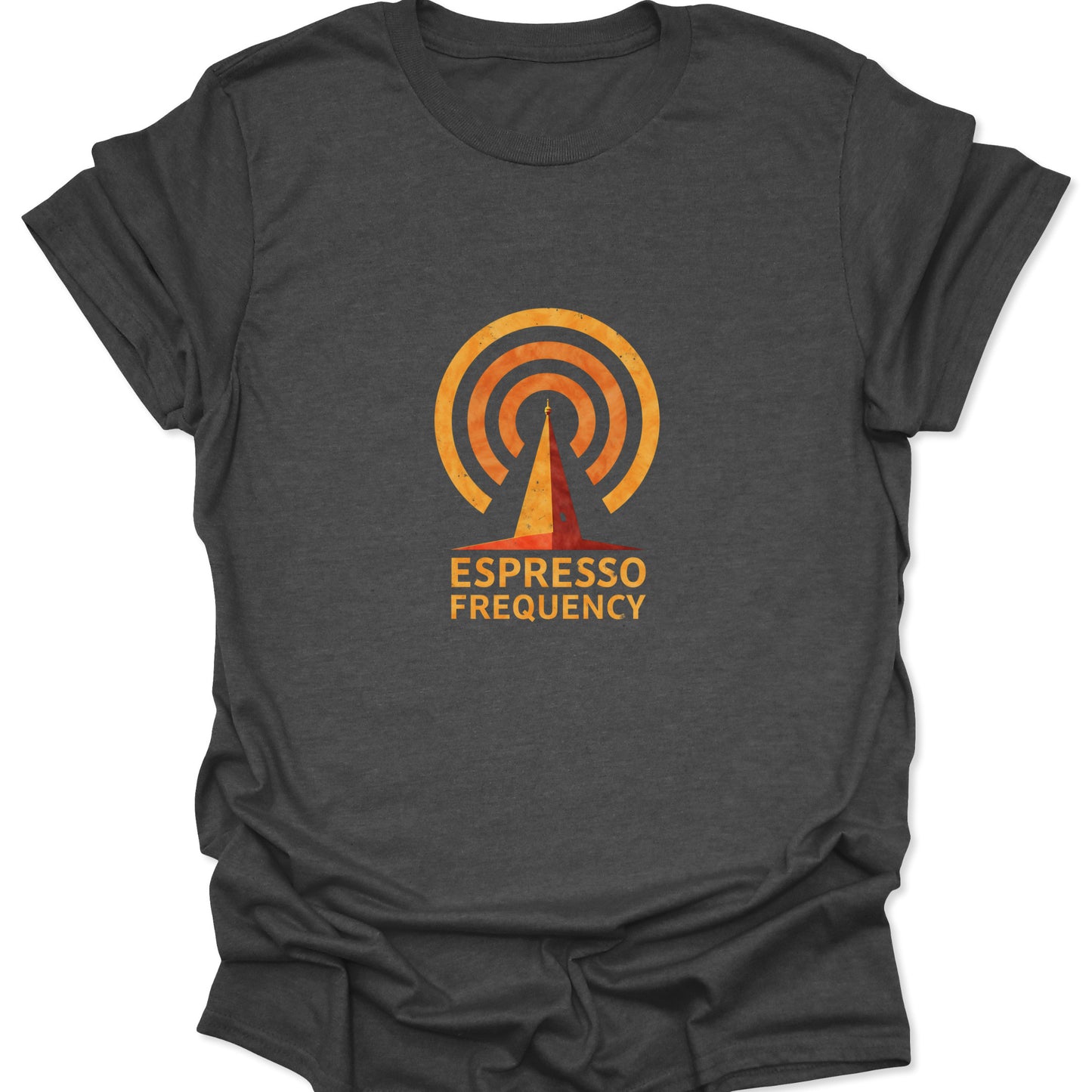 Heather gray graphic tee showing a vintage-look signal tower emblem in warm orange tones with the words "ESPRESSO FREQUENCY" underneath.