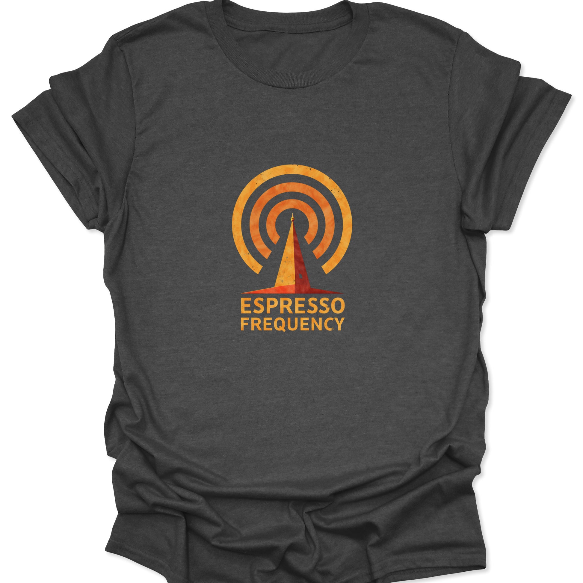 Heather gray graphic tee showing a vintage-look signal tower emblem in warm orange tones with the words "ESPRESSO FREQUENCY" underneath.
