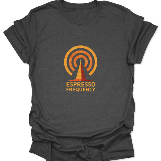 Heather gray graphic tee showing a vintage-look signal tower emblem in warm orange tones with the words "ESPRESSO FREQUENCY" underneath.