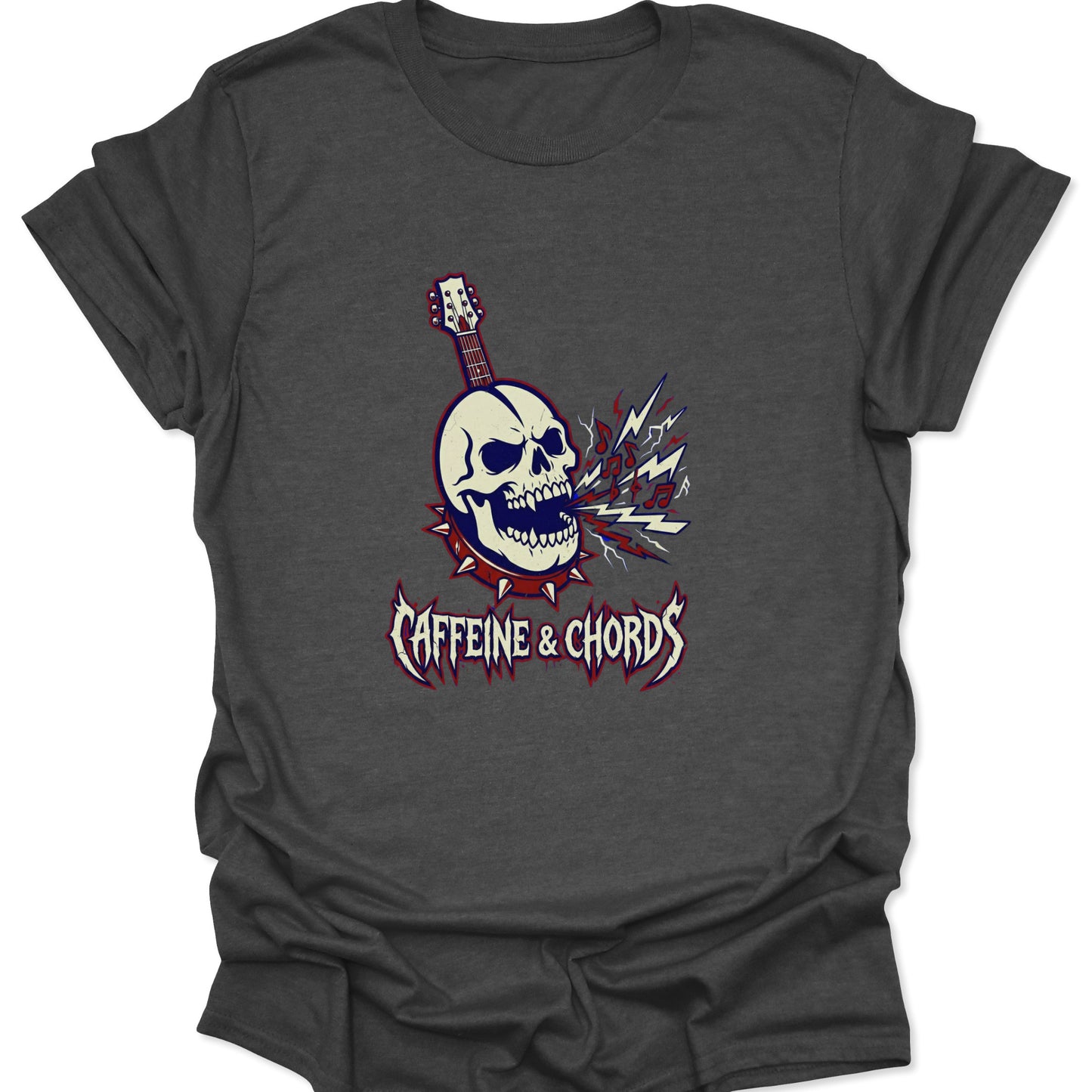 A dark heather gray t-shirt displaying a retro rock style skull guitar shouting musical notes.