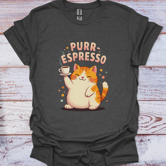 Dark gray t-shirt with a cartoon cat holding a coffee cup and 'Purr-Espresso' text on a wooden surface.