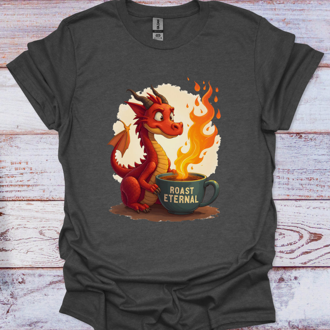 Dark gray t-shirt with a dragon and coffee cup graphic on a wooden surface