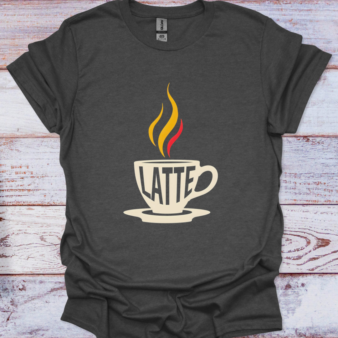 Dark gray t-shirt with a 'Latte' graphic on a wooden surface