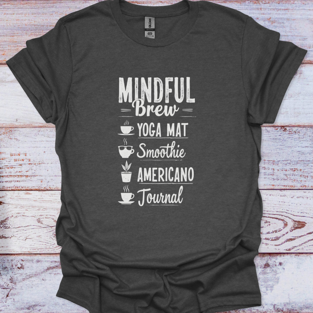 Dark gray t-shirt with white text on a wooden surface