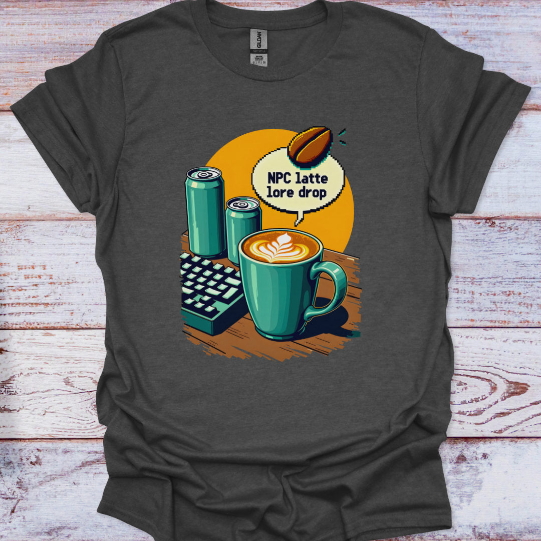 Gray t-shirt with a graphic of a coffee cup, cans, and text on a wooden surface