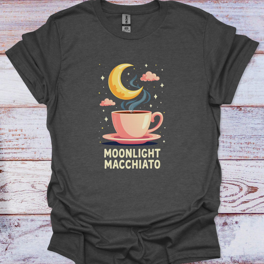 Dark gray t-shirt with 'Moonlight Macchiato' graphic on a wooden surface
