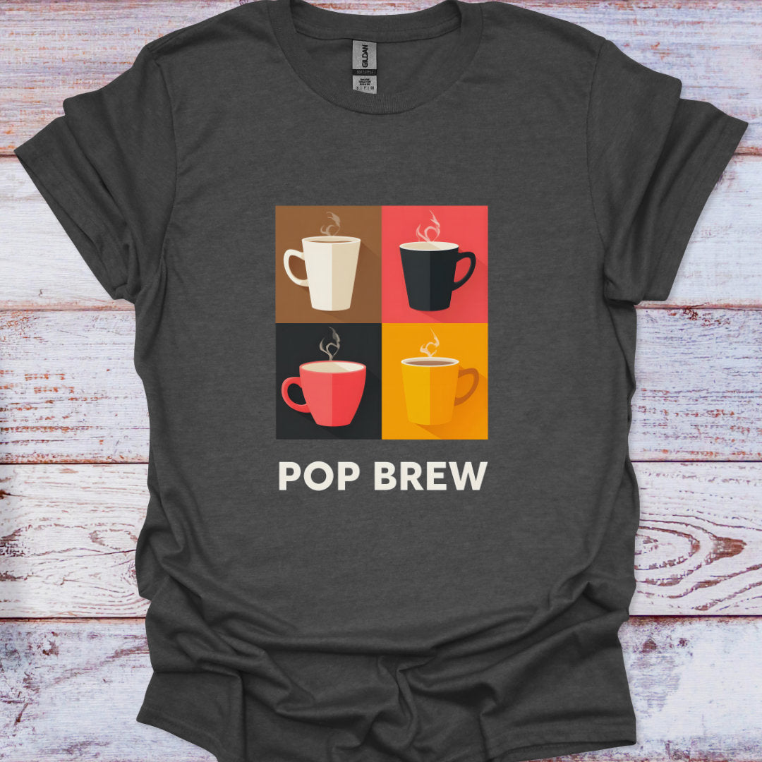 Dark gray t-shirt with colorful coffee cup graphic and 'POP BREW' text on a wooden surface