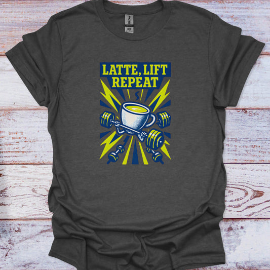 Dark gray t-shirt with 'Latte, Lift Repeat' graphic design on a wooden surface