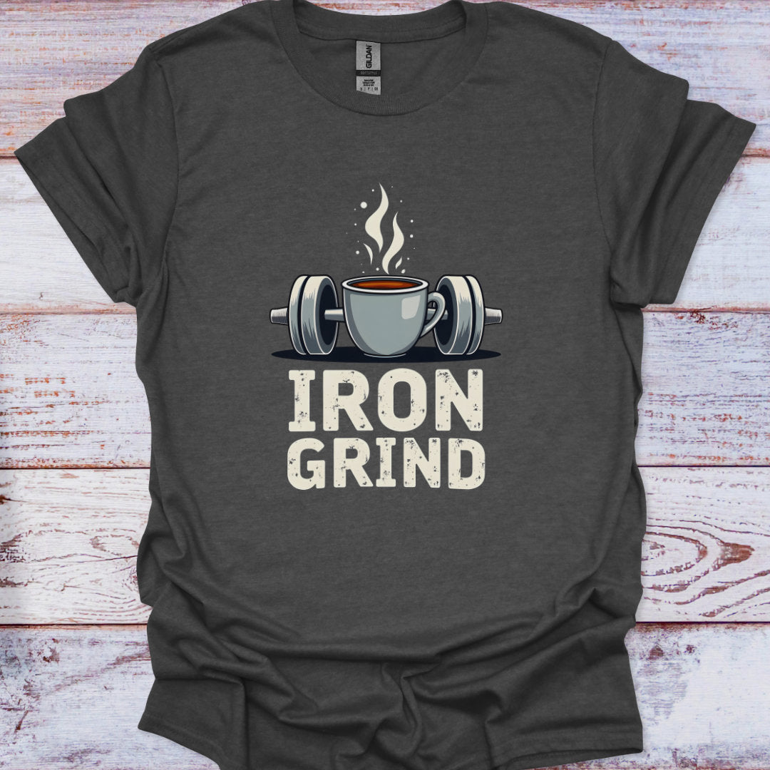 Dark gray t-shirt with 'Iron Grind' graphic featuring a coffee cup and barbell on a wooden background
