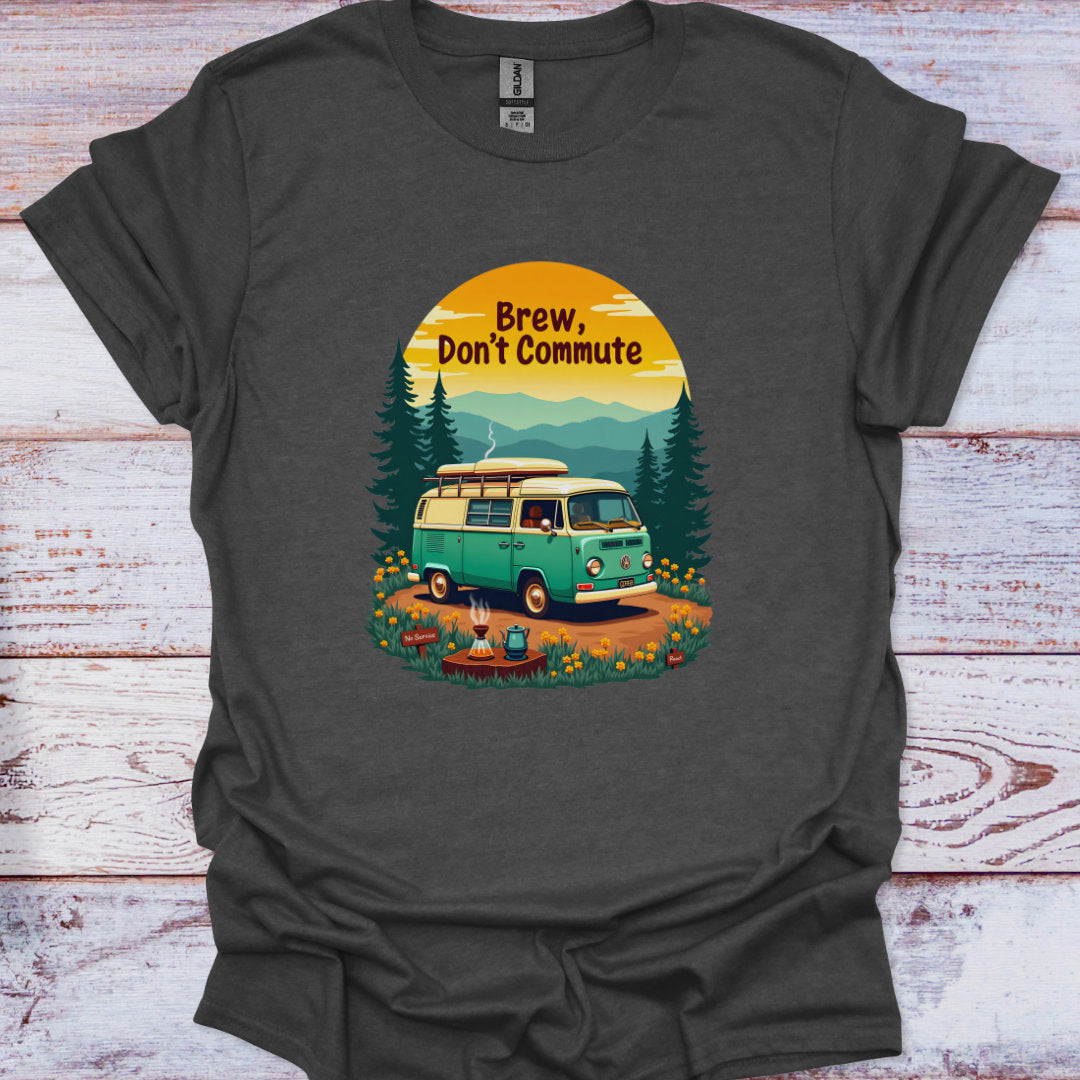 Dark gray t-shirt with a graphic of a van and trees, and text 'Brew, Don't Commute' on a wooden surface.