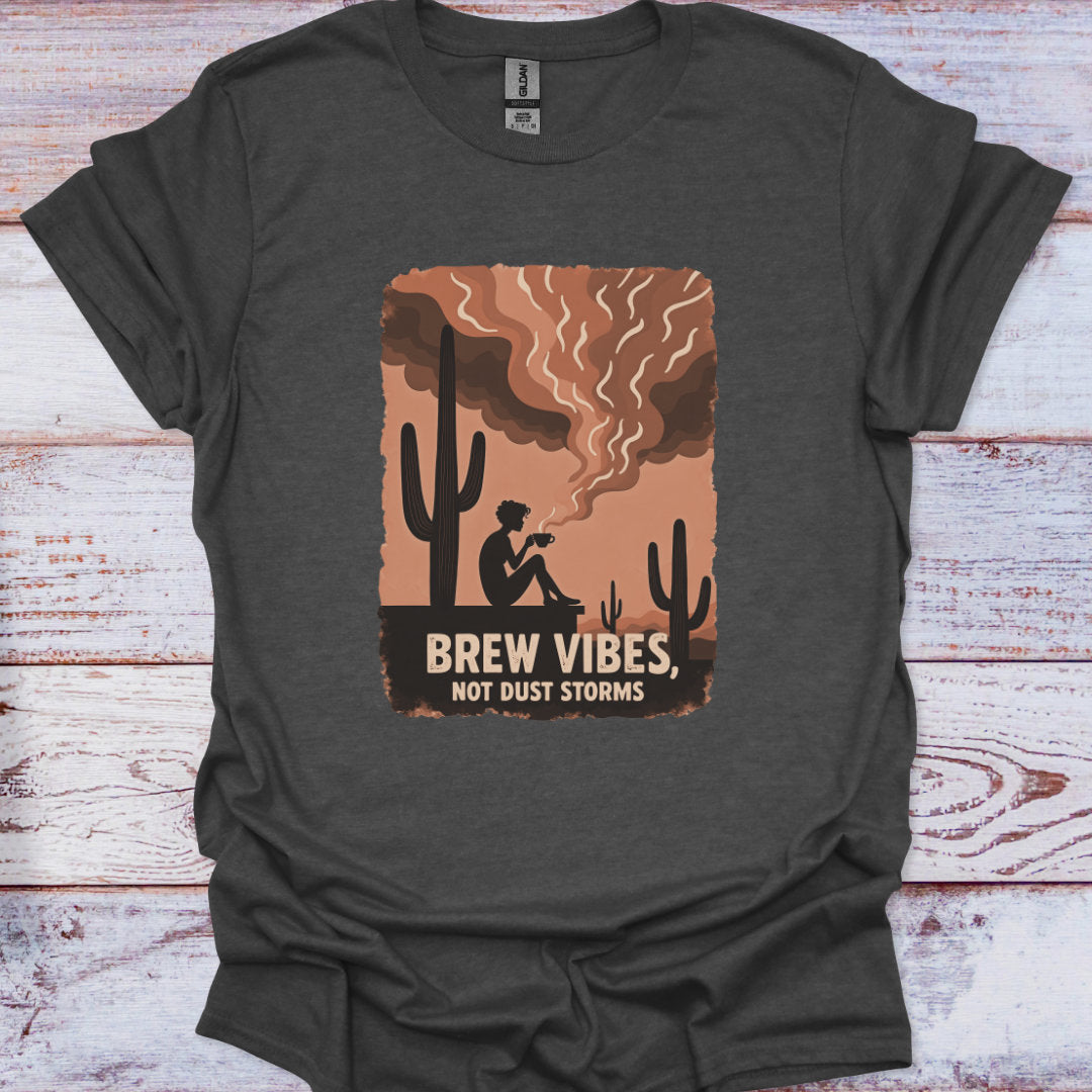 Dark gray t-shirt with a graphic design featuring a cactus and text on a wooden surface