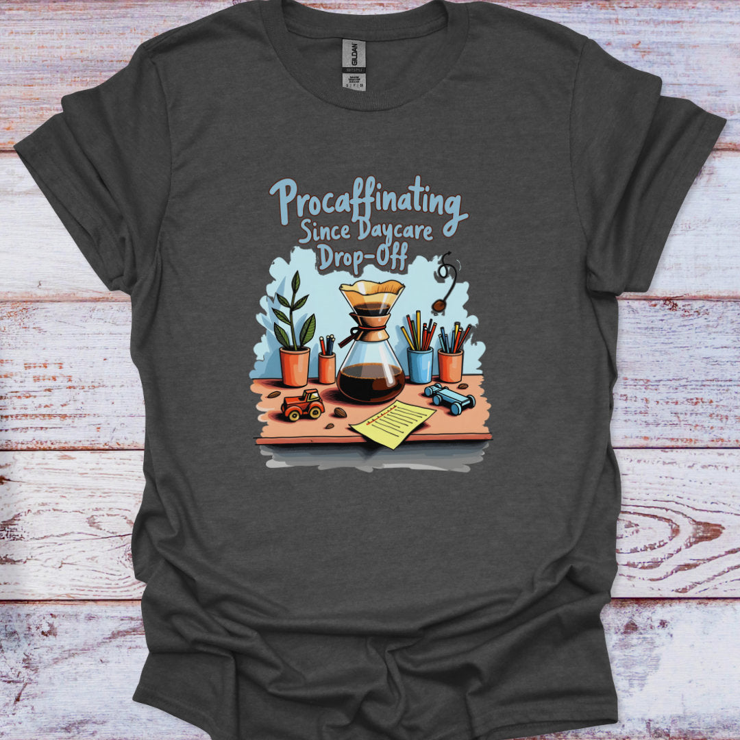 Dark gray t-shirt with a coffee-themed graphic and text on a wooden surface