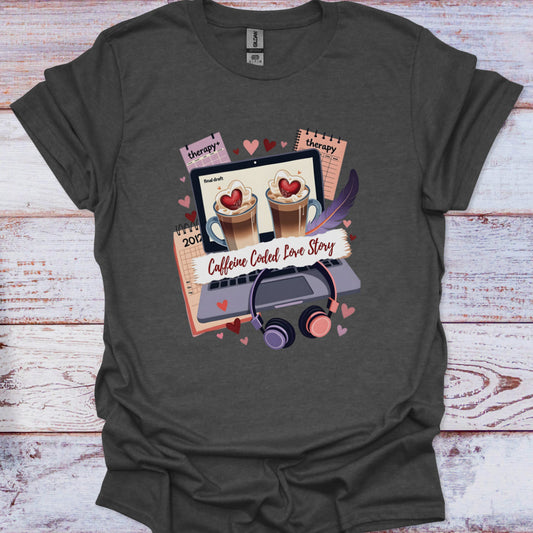 Dark gray t-shirt with a graphic design of a laptop, coffee cups, and headphones on a wooden surface.