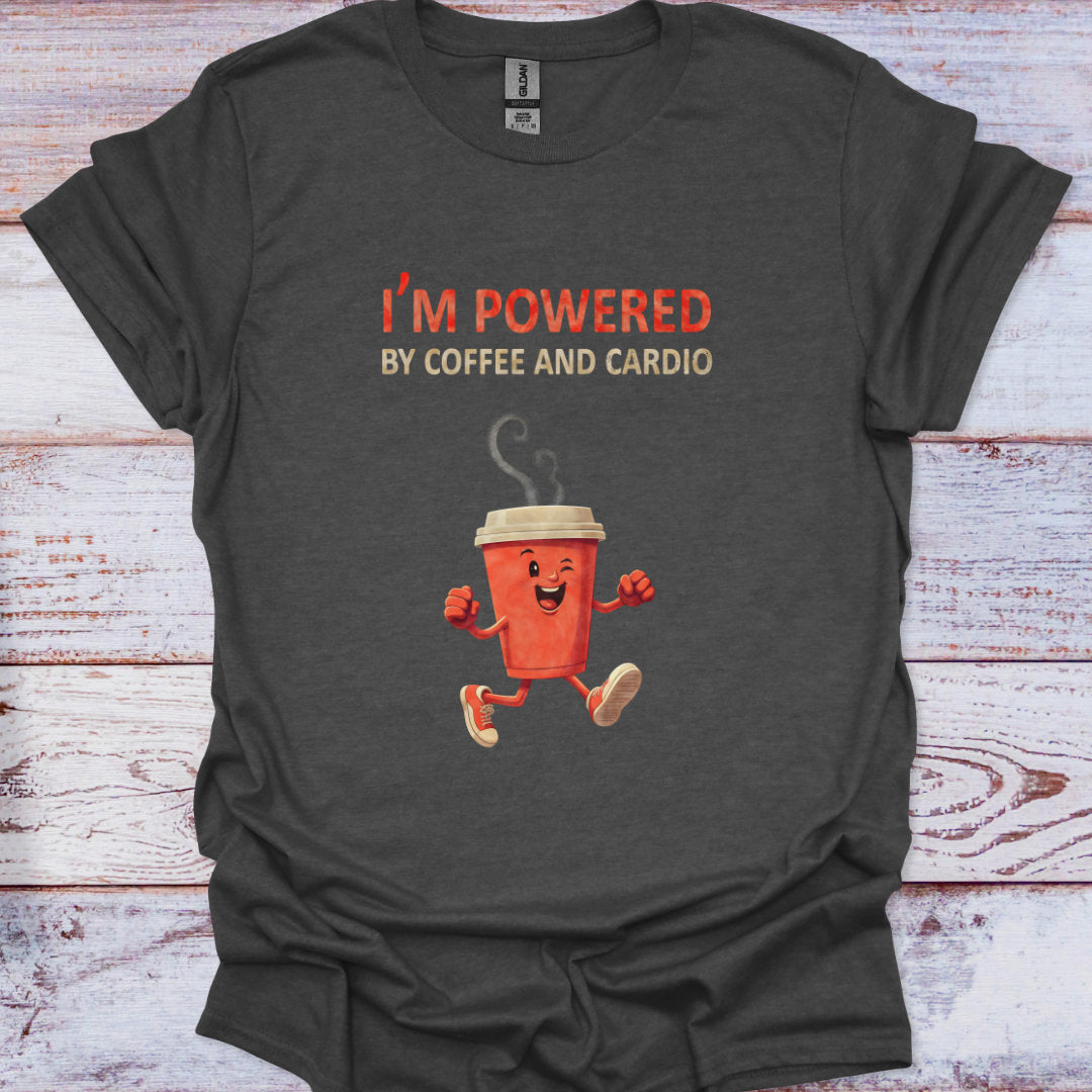 Dark gray t-shirt with a cartoon coffee cup and text 'I'm powered by coffee and cardio' on a wooden surface.