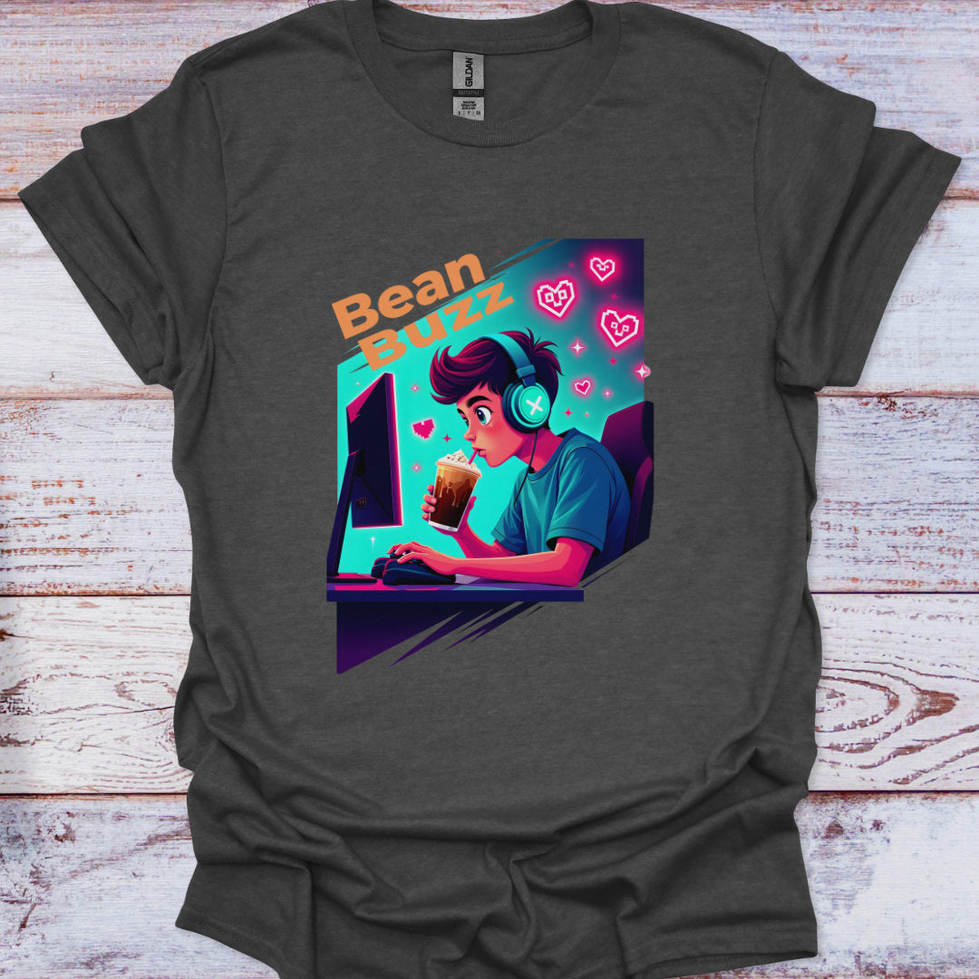 Gray t-shirt with a colorful graphic of a person at a computer and 'Bean Buzz' text on a wooden surface.