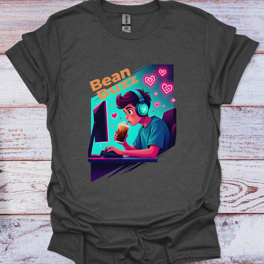 Gray t-shirt with a colorful graphic of a person at a computer and 'Bean Buzz' text on a wooden surface.