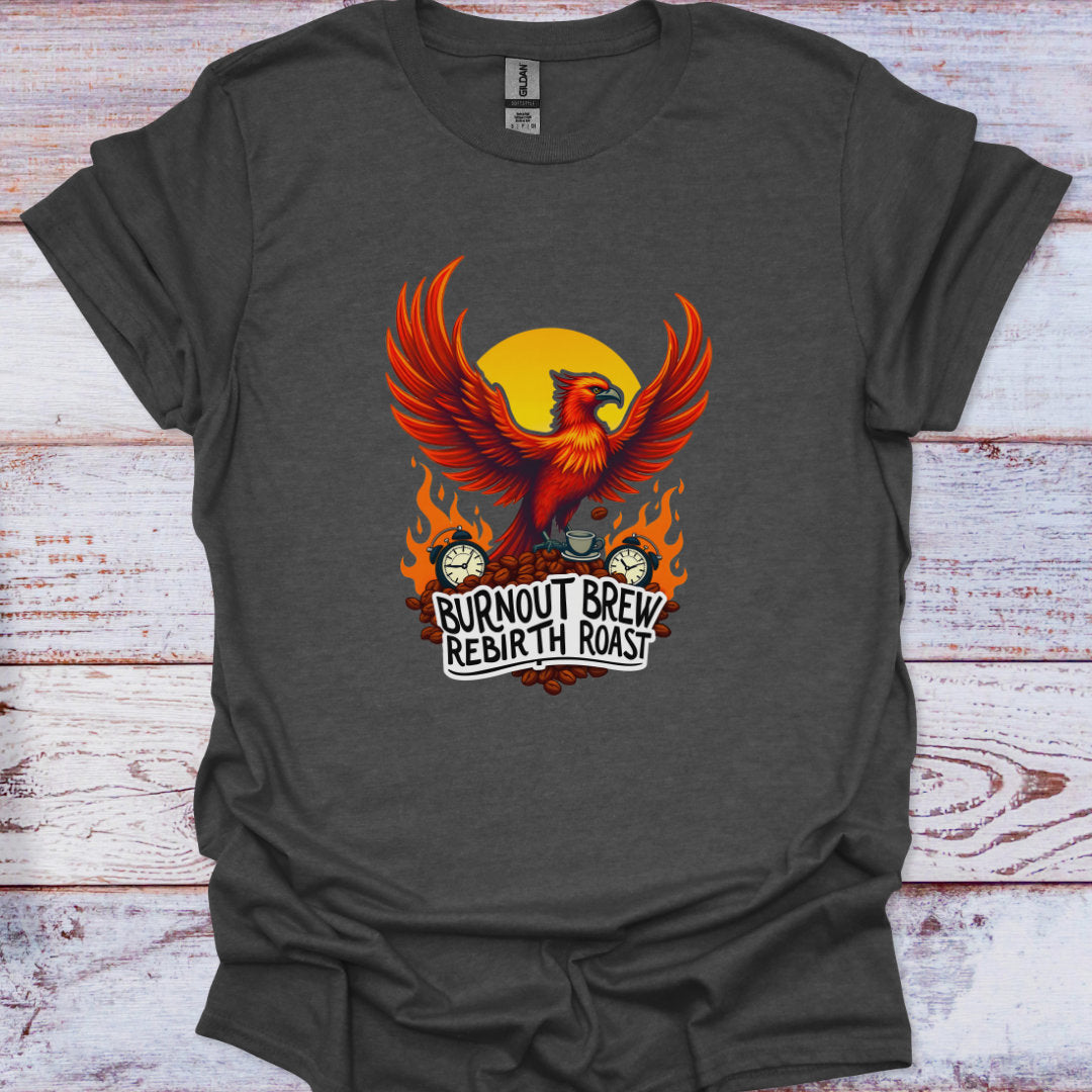 Dark gray t-shirt with a phoenix design and text on a wooden surface
