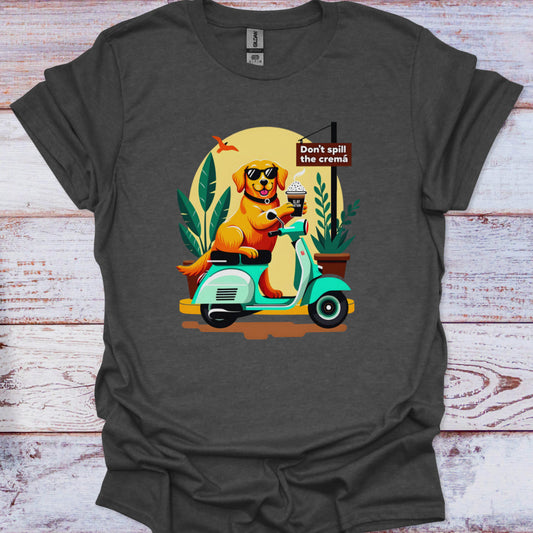 Gray t-shirt with a colorful graphic of a dog on a scooter and a potted plant.