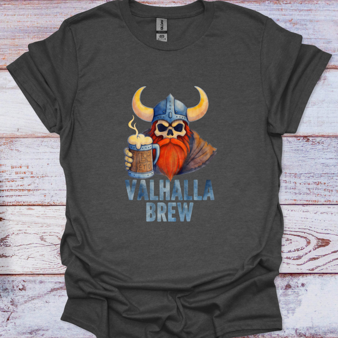 Gray t-shirt with a graphic of a Viking holding a mug of beer and 'Valhalla Brew' text on a wooden surface.