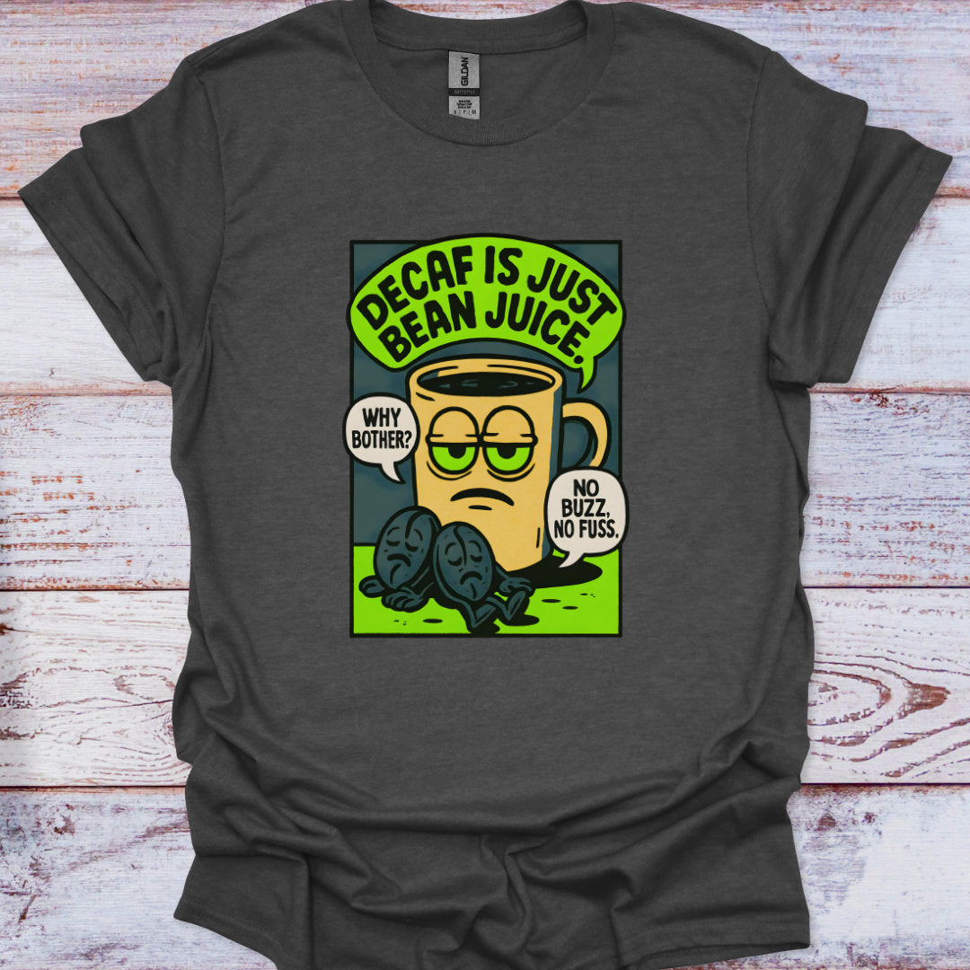 Dark gray t-shirt with a graphic of a coffee mug and text on a wooden surface