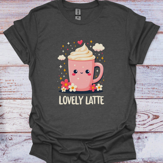Dark gray t-shirt with a pink coffee cup graphic and 'Lovely Latte' text on a wooden surface.