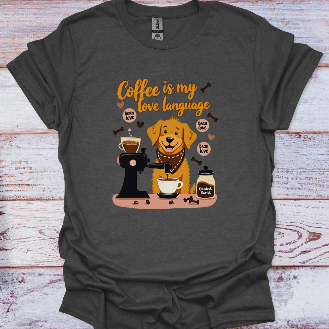 Dark gray t-shirt with a dog and coffee-themed graphic on a wooden surface
