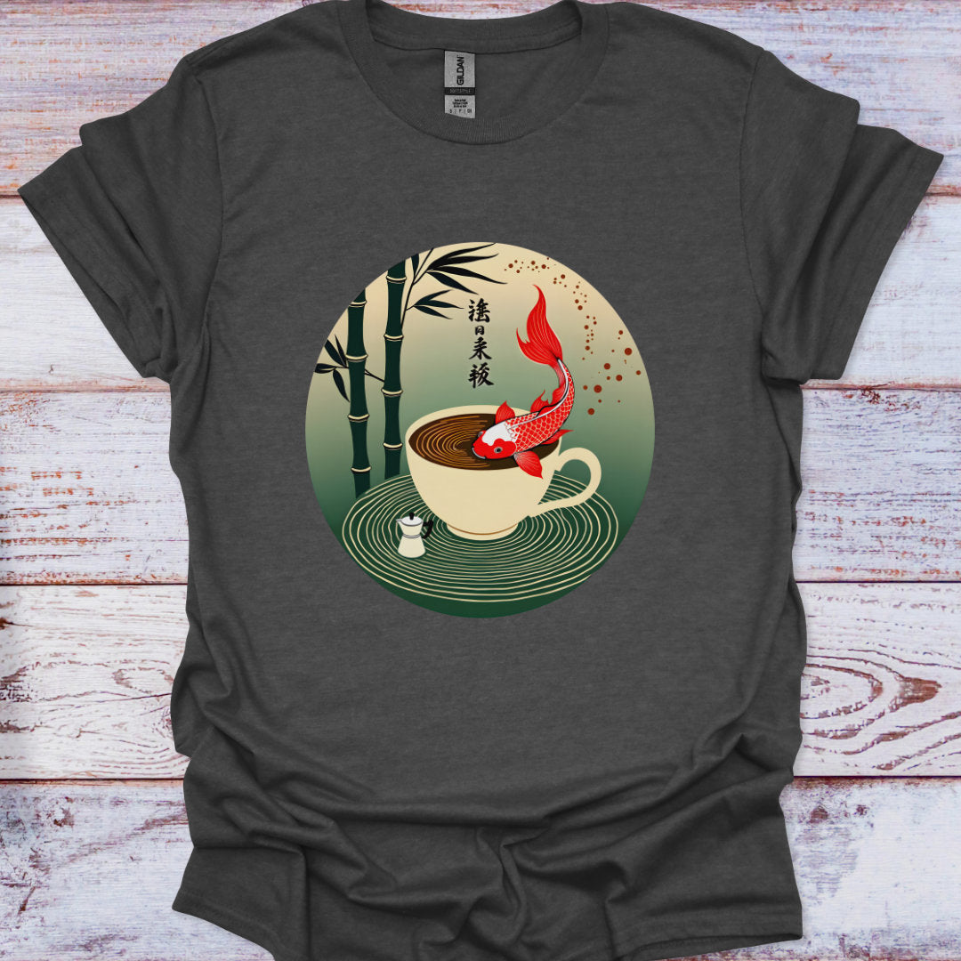Dark gray t-shirt with a graphic of a teacup with a red fish and bamboo on a wooden surface